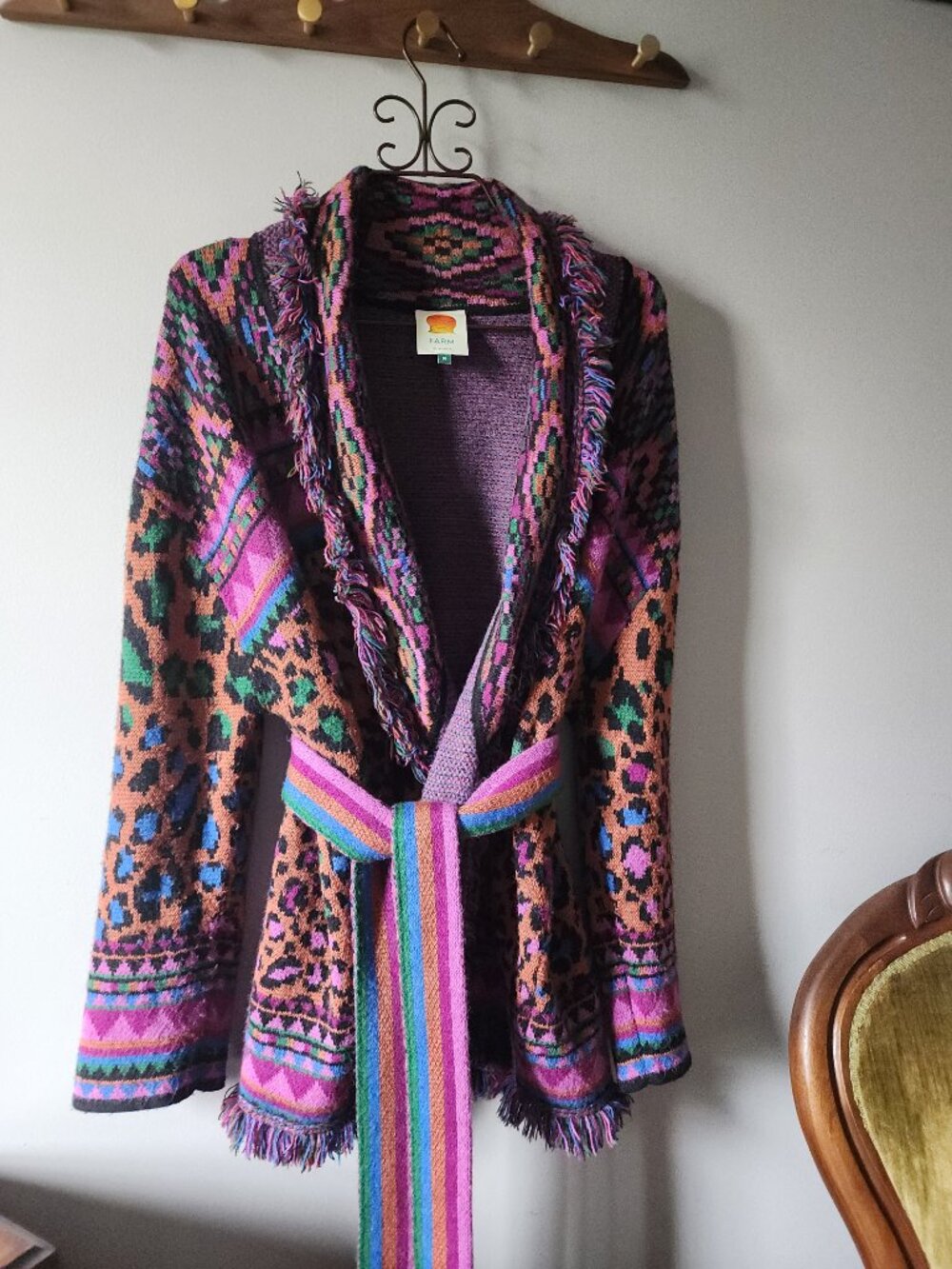 FARM Rio Ainika Tapestry Belted Fringe Cardigan Size M - Picture 5 of 9